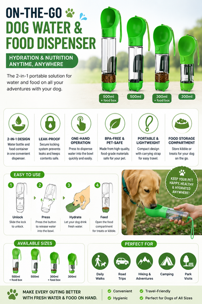 3-in-1 Portable Dog Water Bottle and Food Dispenser